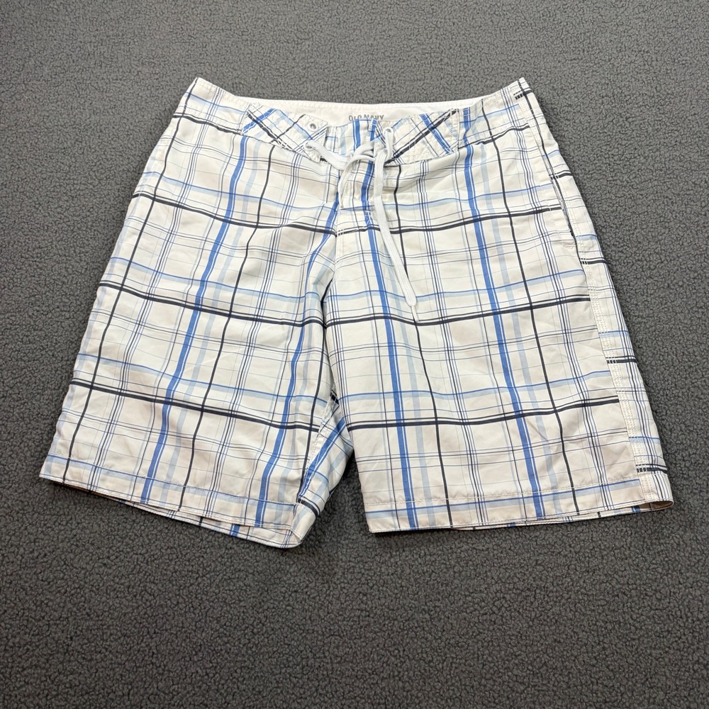 Old Navy Swim Trunks Mens M Blue White Plaid Board Shorts 898731-02 Mesh Lining
